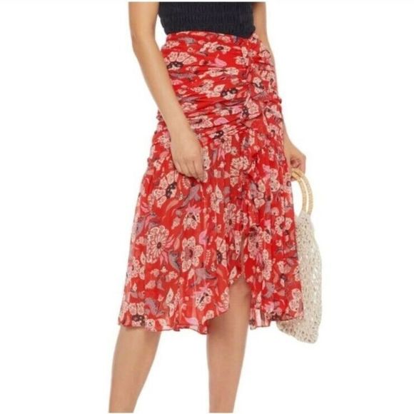 Cinq à Sept Revolve Red Multi Georgette Print Ruffle Skirt Women's Size 4 Ruched - Picture 1 of 10